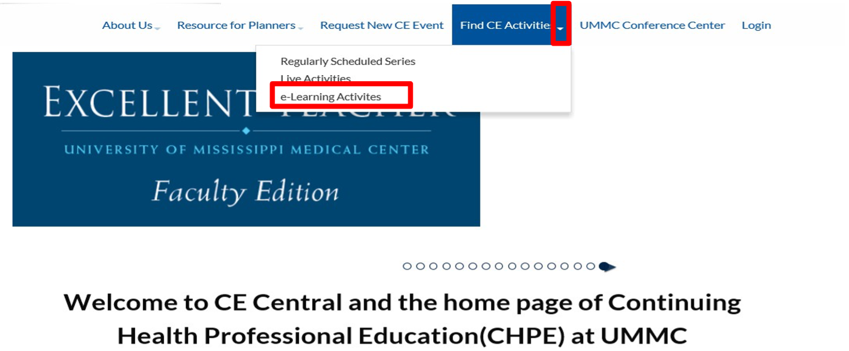 Screenshot of dropdown menu for Find CE. Activities with e-Learning Activities highlighted.